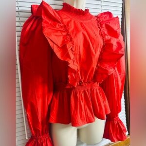 Sea New York Medieval Cotton Red Ruffle Puff Long Sleeves Semi backless Blouse M